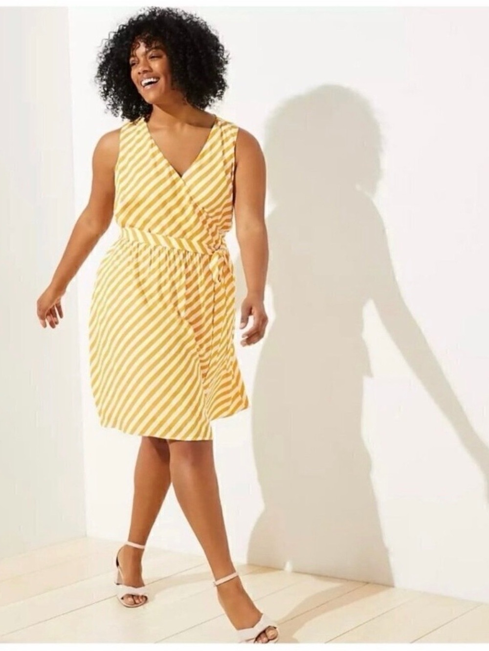 LOFT Ann Taylor Yellow White Striped Dress with Sash Sleeveless Lined Sz 8 NWT